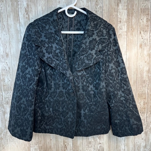 J Jill Teal Blue Brocade Floral Jacket Blazer Wide Collar Tapestry Women's Large - Picture 1 of 5